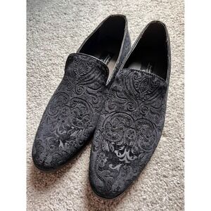 Frederico Leone Mens Black Velvet Paisley Damask Loafer Formal Shoes FS-650 10.5
